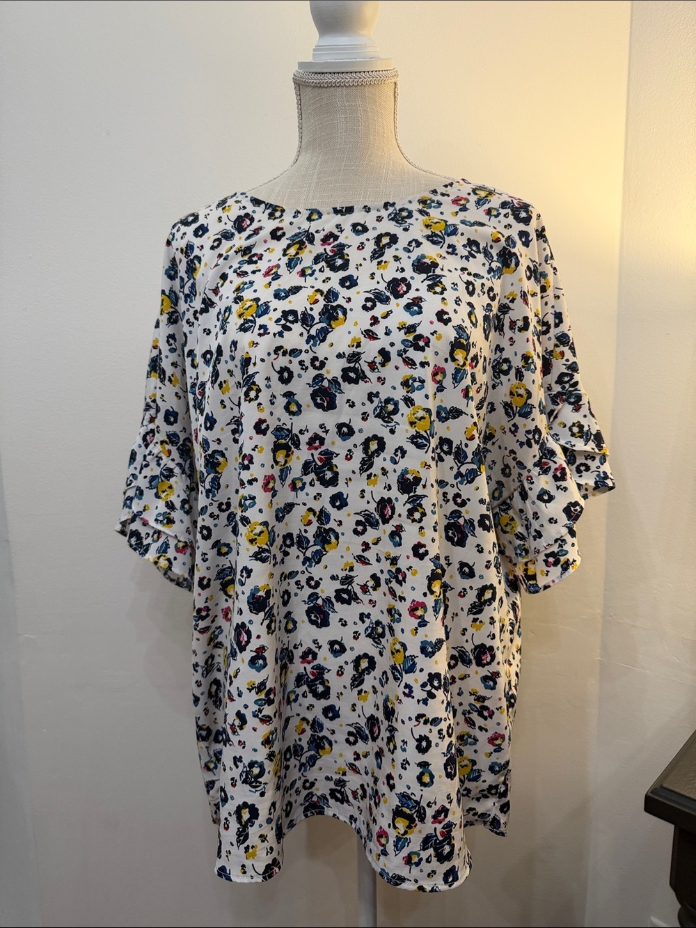 Pleione White Floral Blouse with Navy, Yellow & Pink Accents